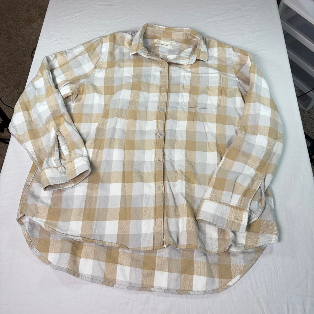 Woolrich womens Pemberton beige gray buffalo check flannel shirt. Size XL